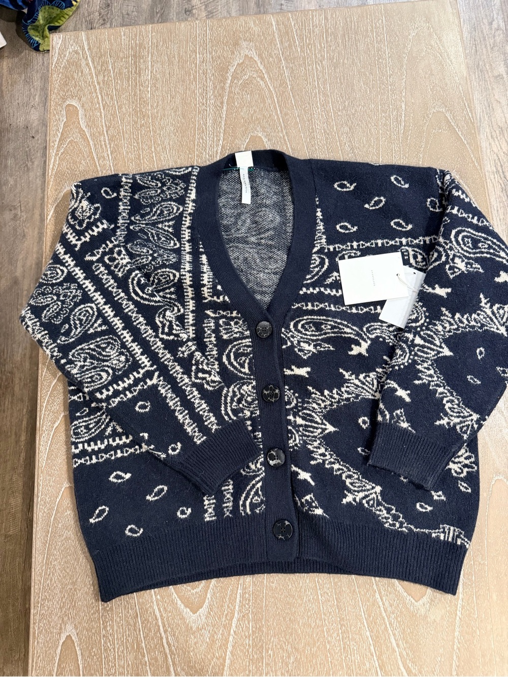 Avantlook Navy and Cream Knit Cardigan with Bandana Texture
